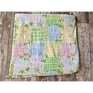 Vintage Cannon Monticello Queen Flat Sheet Hippie Floral Gingham Patchwork